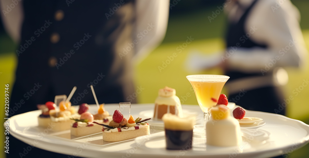 Luxury food service, appetisers by a waiter at a wedding celebration or formal event in classic English style at luxurious hotel or country estate, generative ai