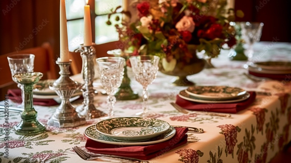 Autumnal holiday tablescape, formal dinner table setting, classic festive table scape with decoration for wedding party and event celebration, generative ai