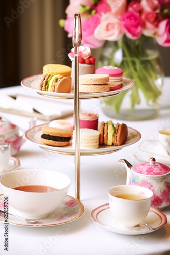 Afternoon tea, English tradition and restaurant service, tea cups, cakes, scones, sanwiches and desserts, holiday table decor and afternoon tea stand with pink flowers, generative ai