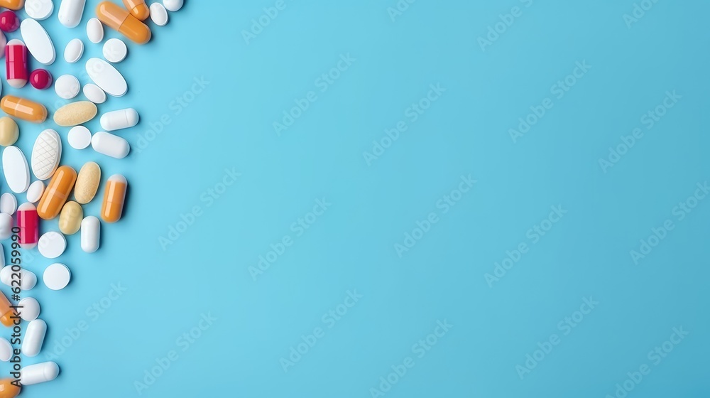 Pile of different pills on light blue background, flat lay. Place for text Pile of different pills on light blue background, flat lay. Place for text