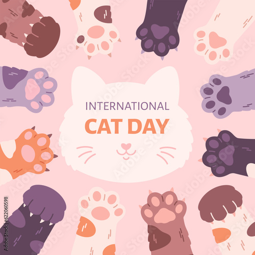 International Cat Day greeting card. Cute cats paws. Vector illustration in flat style photo