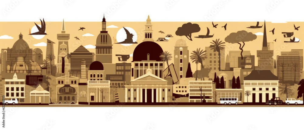 World Famous Landmarks Skyline Silhouette Style, Colorful, Cityscape, Travel and Tourist Attraction - Generative AI