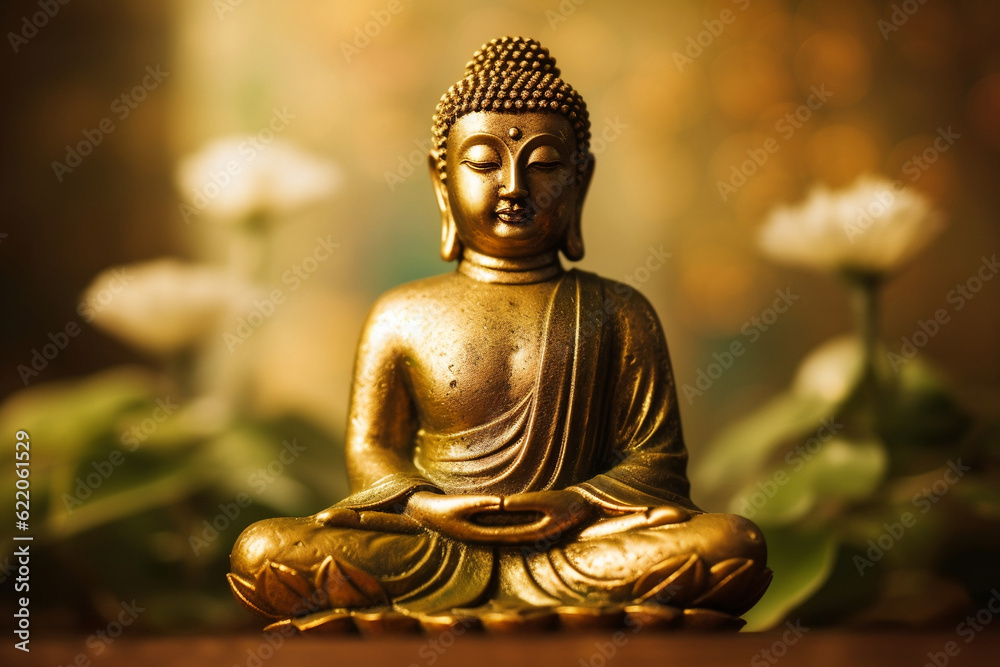 Zen spiritual ritual meditating white face of gold Buddha, gold background. Statue of Buddha in gold colour with lotus. Spiritual calmness and awakening. Religion concept, esoterics. Generative AI.