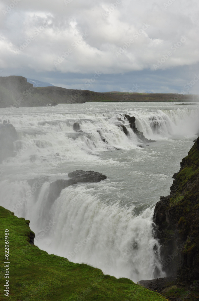 Aerial view of foamy Gullfoss Falls waterfall in the Hvita river in Iceland