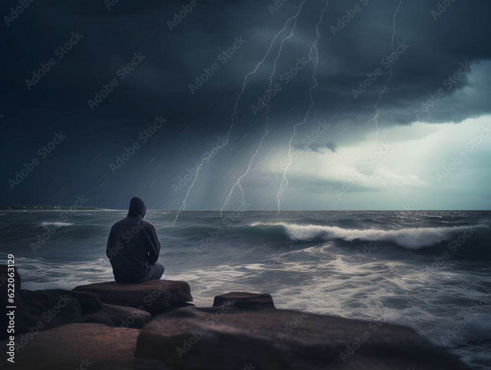 Φωτογραφία A shot of a person from behind watching a thunderstorm over the ocean from the safety of the shore
