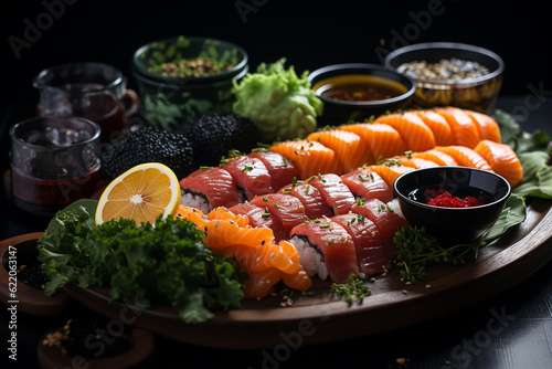 Sushi traditional Japanese dish made with rice, treated with rice vinegar or salt, and various fillings or layers, which are mostlyby seafood, but may include meat, vegetables, seaweed