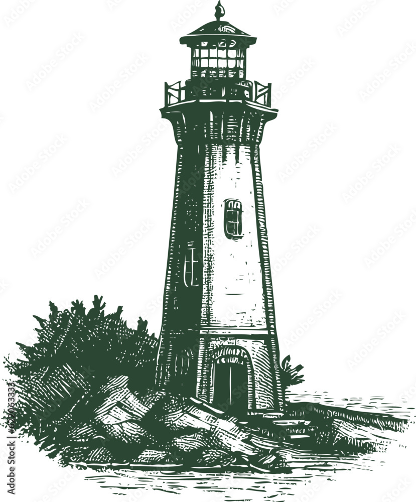 engraving of a lighthouse on a rocky seashore