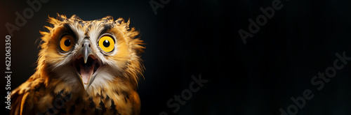 Surprised portrait of cute owl with expression wide open eyes, mouth looking ahead on black background. Empty space place for text, copy paste, horizontal. Good for advertisement shocking news content © Valeriia