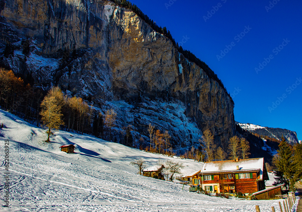 Beautiful sunny day in the snowy Swiss Alps, Lauterbrunnen, Switzerland Beautiful sunny day in the snowy Swiss Alps, Lauterbrunnen, Switzerland