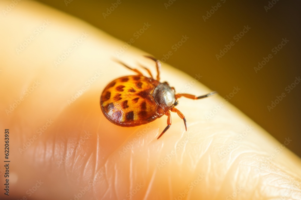 Photographic Macro of a Tick on Human Skin, Illuminating the Bright Image of a Potentially Dangerous Parasite Photographic Macro of a Tick on Human Skin, Illuminating the Bright Image of a Potentially Dangerous Parasite
