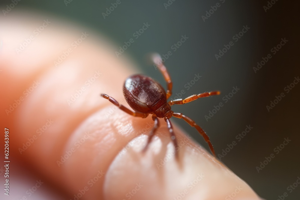 Photographic Macro of a Tick on Human Skin, Illuminating the Bright Image of a Potentially Dangerous Parasite Photographic Macro of a Tick on Human Skin, Illuminating the Bright Image of a Potentially Dangerous Parasite