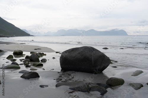 un gros rocher noir sur une plage du nord