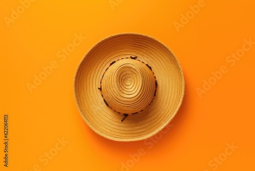 straw hat with a wide brim and ornaments On a bright colored background. Generative AI