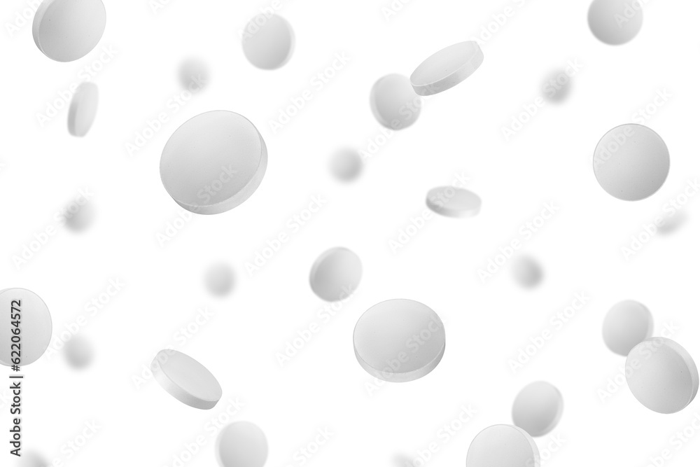 Falling Pills isolated on white background, selective focus Falling Pills isolated on white background, selective focus