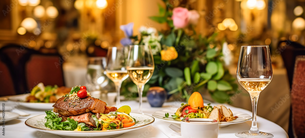 Luxury food service, main course served at a restaurant or formal dinner event in classic English style in the luxurious hotel or country estate, generative ai