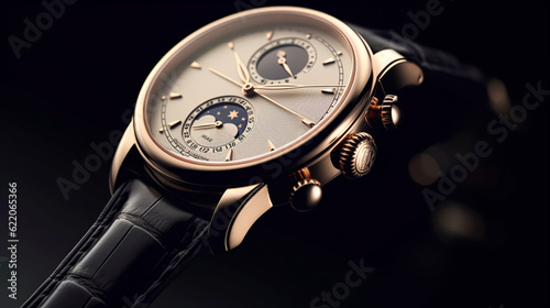 Luxury mens watch commercial concept, bespoke gold design on dark background, generative ai