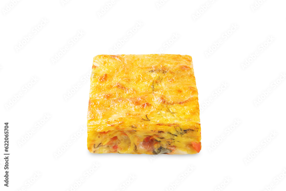 Zucchini carrot cheese bacon casserole slices on a white isolated background