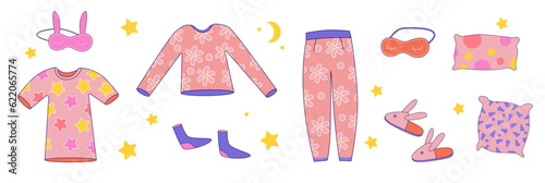 Pajama party elements for girls. Cute pink nightwear collection. Things for the good sleep. Cozy house clothes isolated on white background.