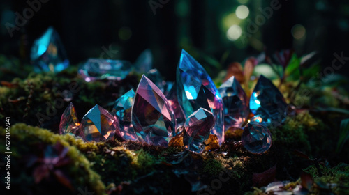 Magic rainbow crystals in a dark mysterious forest on a blurred background, magic in the air. Generative AI 