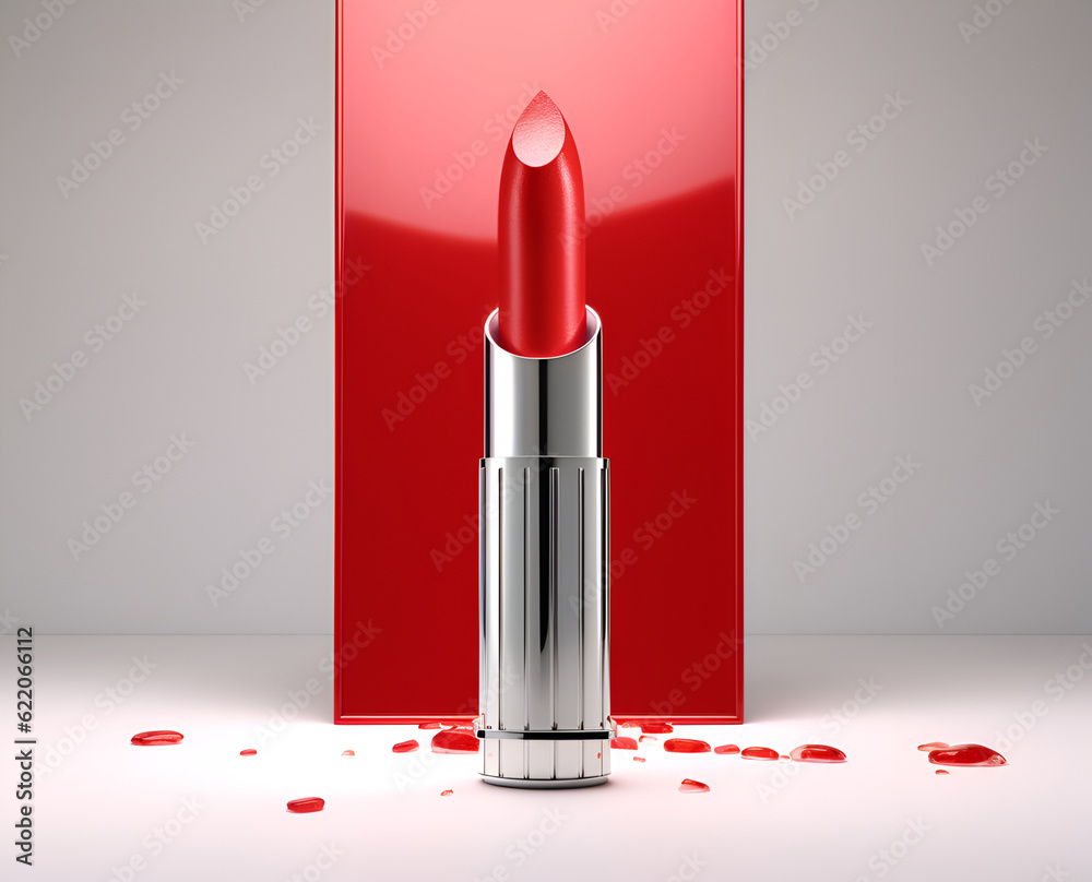 Red lipstick in silver tube on red white background with geometric