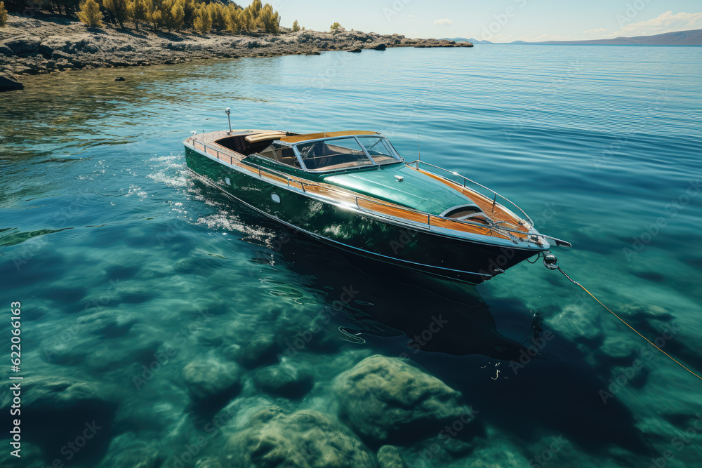 Aerial drone view of a boat sailing across the blue clear waters of a lake, capturing the tranquility and beauty of nature. Generative Ai. Aerial drone view of a boat sailing across the blue clear waters of a lake, capturing the tranquility and beauty of nature. Generative Ai.