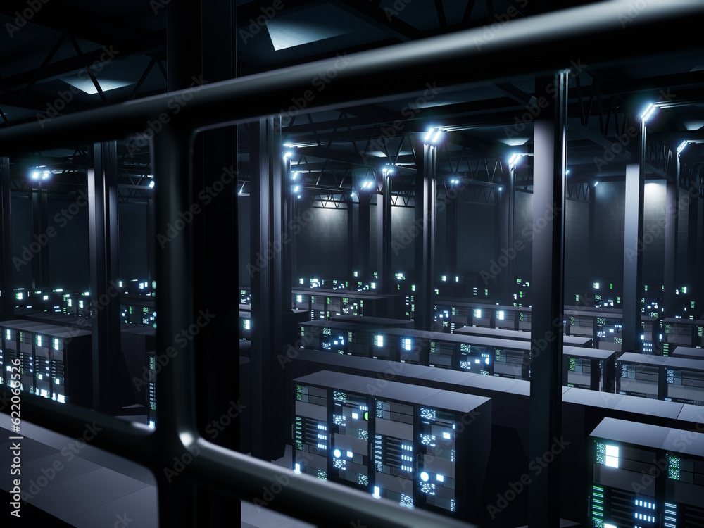 Data center with multiple racks used for cloud computing concept, digital network connection with hardware security information. Big data server room with modern technology. 3d render animation.