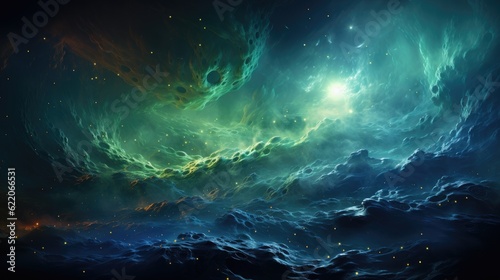 Swirling galaxy of radiant greens and blues, abstract cosmic background. Generative AI