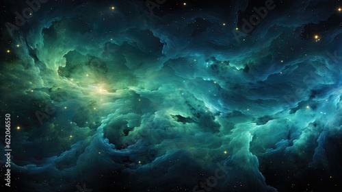 Swirling galaxy of radiant greens and blues, abstract cosmic background. Generative AI