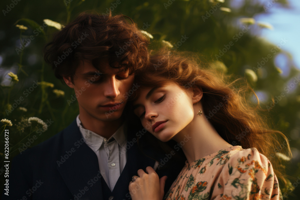 models/couple in magazine editorial fashion/beauty photo shoot embracing/kissing in botanical/floral nature setting with film photography look - generative ai art models/couple in magazine editorial fashion/beauty photo shoot embracing/kissing in botanical/floral nature setting with film photography look - generative ai art