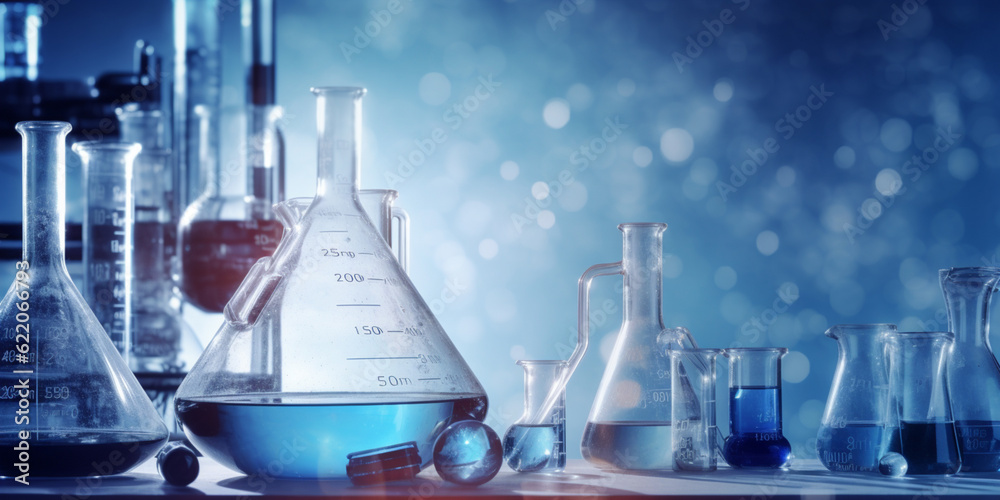 beaker and flask in science laboratory with chemical structure blue banner background beaker and flask in science laboratory with chemical structure blue banner background