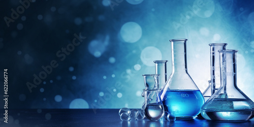 beaker and flask in science laboratory with chemical structure blue banner background