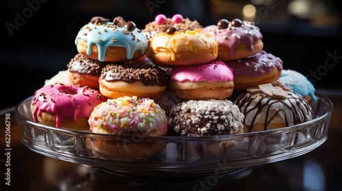 Wide - angle shot, a table full of various donuts, bright and vibrant colors. Generative AI