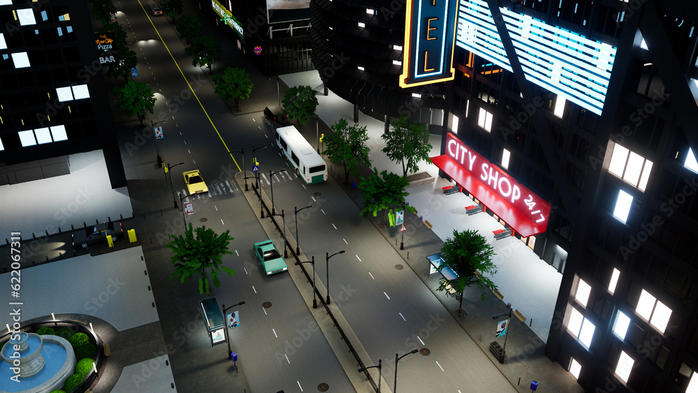Downtown with office buildings and vehicles in urban district, tall skyscrapers with city lights at night. Metropolis with vehicles driving on street, architecture. 3d render animation. Downtown with office buildings and vehicles in urban district, tall skyscrapers with city lights at night. Metropolis with vehicles driving on street, architecture. 3d render animation.