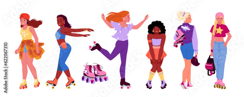 Cartoon isolated rollerskating collection with female characters move with fun and dance  walking woman with skating shoes  pair of boots with wheels. Girls in roller skates set vector illustration