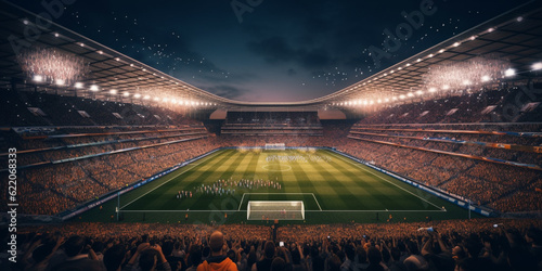 Football stadium at night with green grass and crowds in the background  © MUS_GRAPHIC