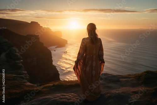 Female woman stands at the summit of a mountain chase looking at with a beautiful stunning amazing view of the ocean sunrise or sunset. Freedom and travel concept. Generative AI Technology © Valeriia