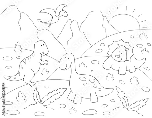 fun design of a coloring page of dinosaurs. you can print it on 8.5x11 inch paper