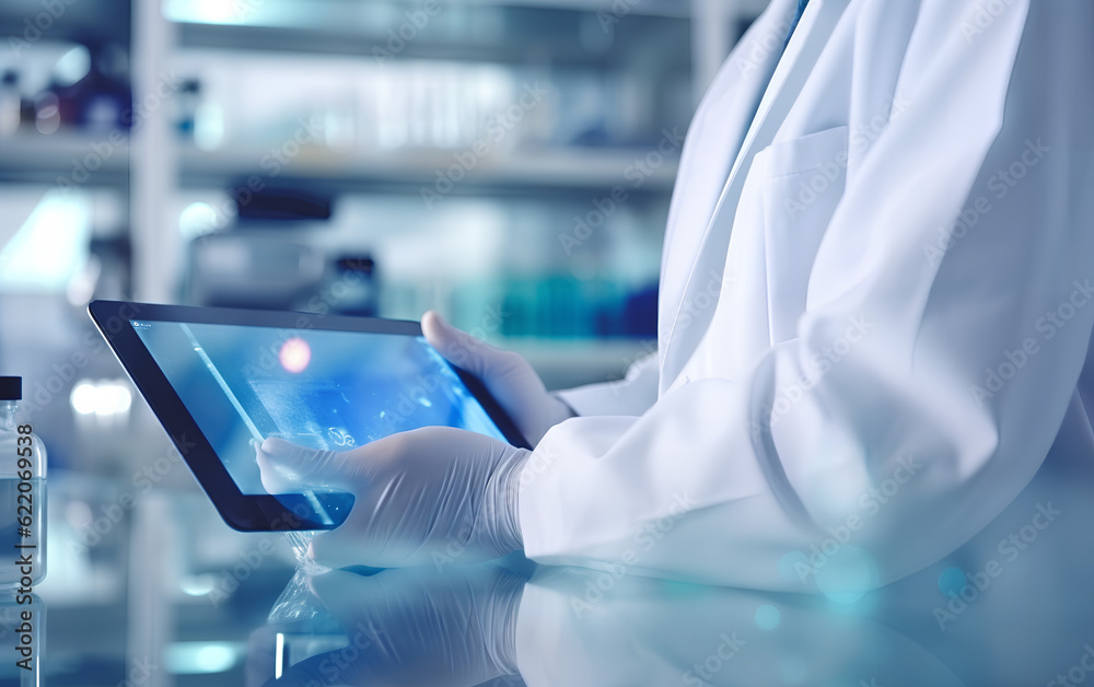 Scientist studying and developing new medicine, cure and vaccines on a futuristic screen display with technological features in his medical laboratory. Generative AI.