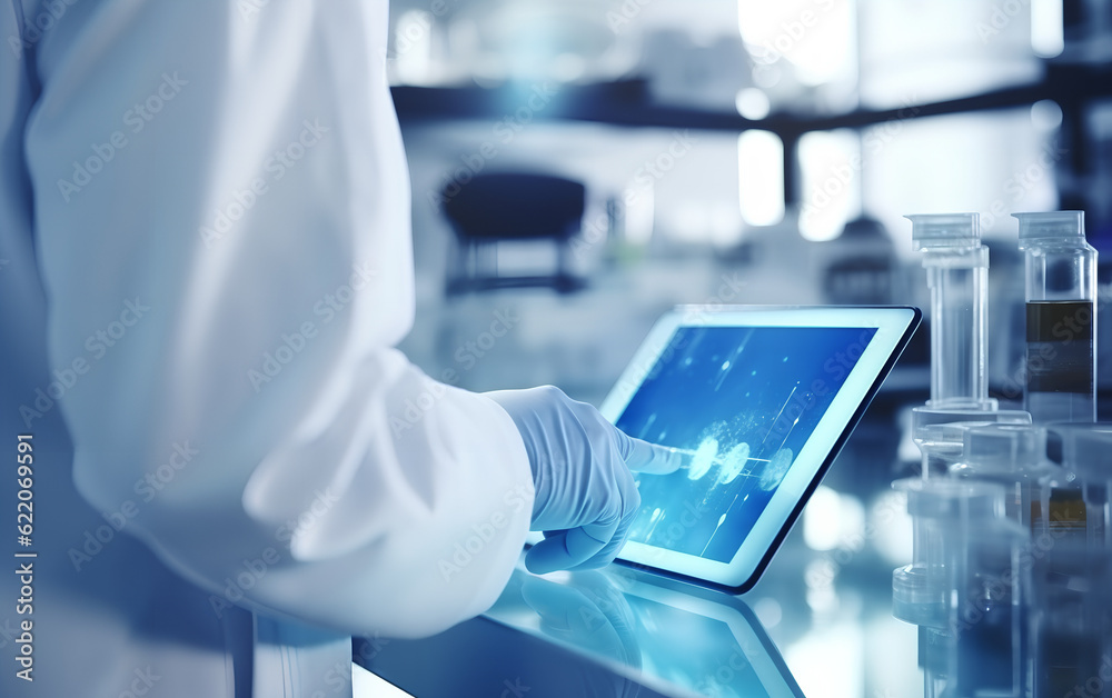 Scientist studying and developing new medicine, cure and vaccines on a futuristic screen display with technological features in his medical laboratory. Generative AI.