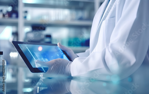 Obraz na płótnie Scientist studying and developing new medicine, cure and vaccines on a futuristic screen display with technological features in his medical laboratory. Generative AI. w salonie