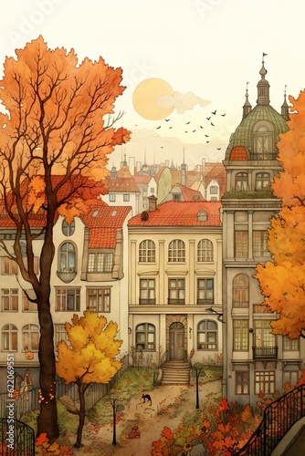 Autumn fall landscape scene with trees. Ai generative art