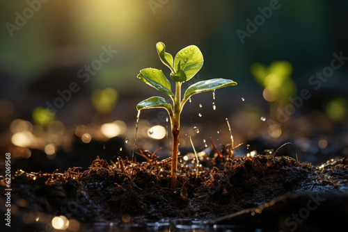 Watering a plant that is growing, symbolizing nurturing, care, and the process of growth and development. Generative Ai.