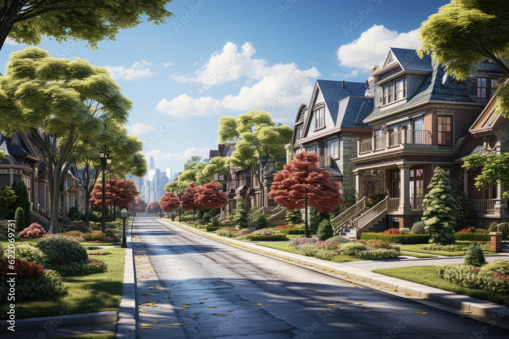 Street with suburban homes, representing a residential neighborhood and community. Generative Ai. Street with suburban homes, representing a residential neighborhood and community. Generative Ai.