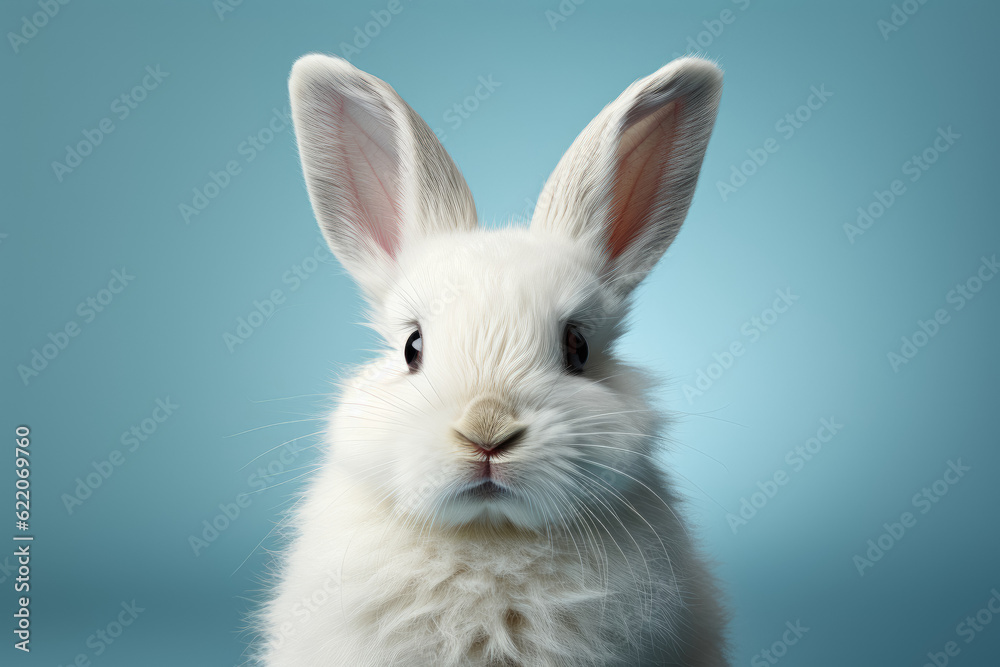 Close-up image of a white rabbit ear on a pastel blue background, symbolizing Easter and the playful nature of the holiday. Generative Ai. Close-up image of a white rabbit ear on a pastel blue background, symbolizing Easter and the playful nature of the holiday. Generative Ai.