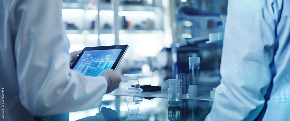 Scientist studying and developing new medicine, cure and vaccines on a futuristic screen display with technological features in his medical laboratory. Generative AI.