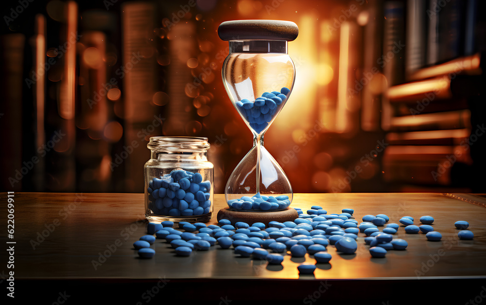 Concept of time in relation to health, an hourglass filled with blue medical pills symbolizes the extension of life expectancy made possible through advances in medicine. Generative AI.