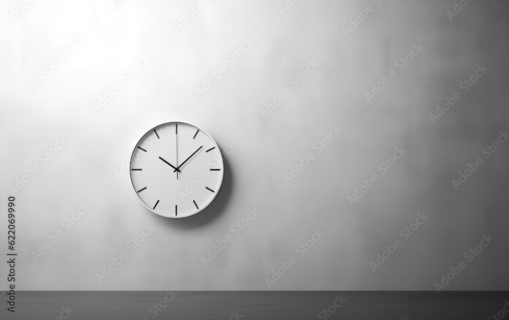 Concept of time. A white clock on a white wall isolated and alone, representing passage of time. Generative AI.