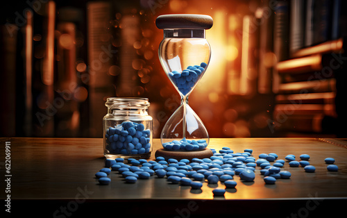 Obraz na płótnie Concept of time in relation to health, an hourglass filled with blue medical pills symbolizes the extension of life expectancy made possible through advances in medicine. Generative AI. w salonie
