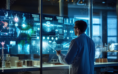 Scientist studying and developing new medicine, cure and vaccines on a futuristic screen display with technological features in his medical laboratory. Generative AI.