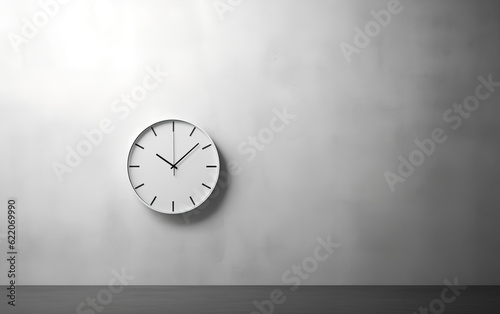 Concept of time. A white clock on a white wall isolated and alone, representing passage of time. Generative AI.